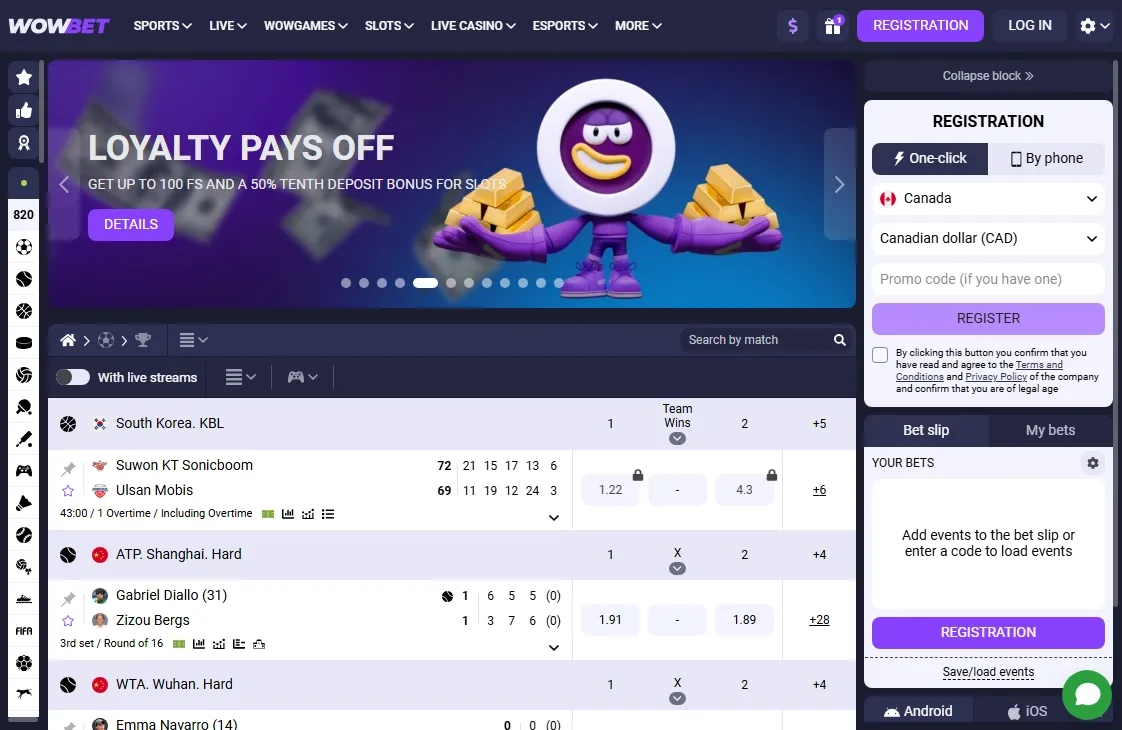 WOWBet help centre with a live chat window and support topics