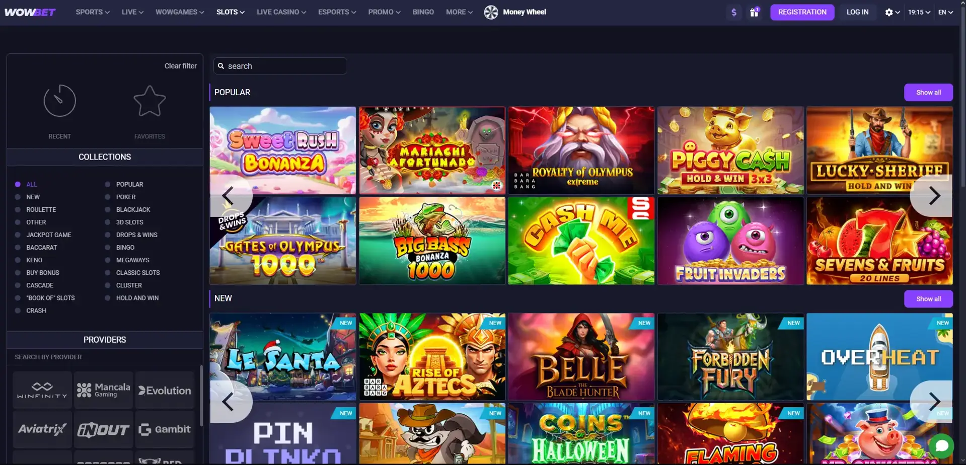 WOWBet casino lobby with slot rows, live dealer tables and crash games